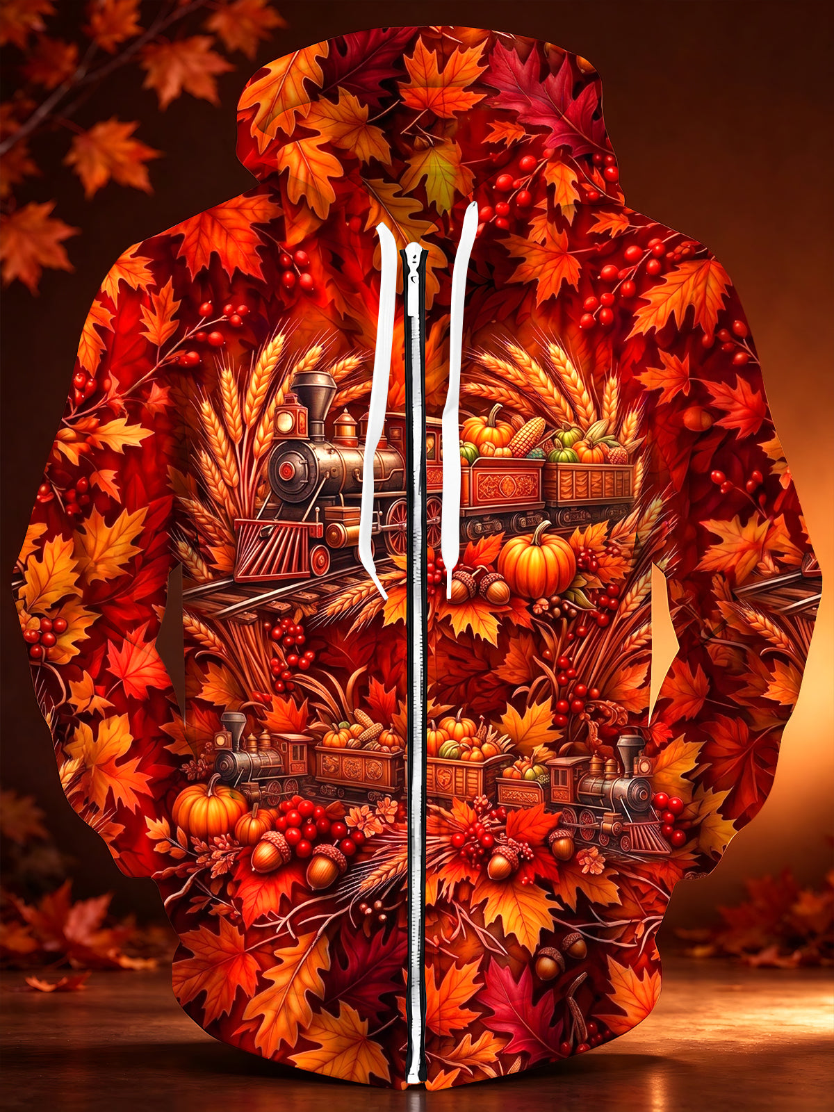Adaychic Men's Autumn Leaves And Harvest Train Print Long Sleeve Zip-Up Hoodie with Kangaroo Pocket