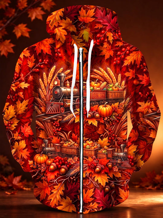Adaychic Men's Autumn Leaves And Harvest Train Print Long Sleeve Zip-Up Hoodie with Kangaroo Pocket