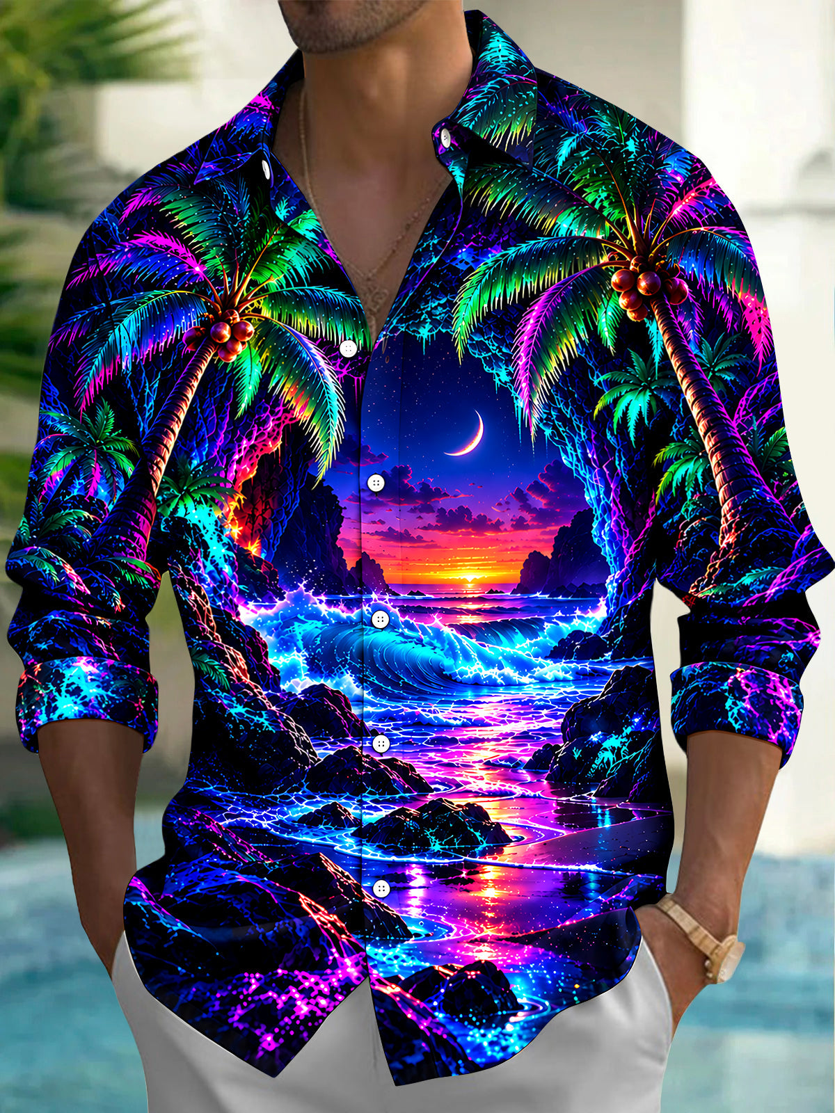 Adaychic Men's Long Sleeve Shirt - Neon Palm Trees And Tropical Sunset Beach Print with Chest Pocket
