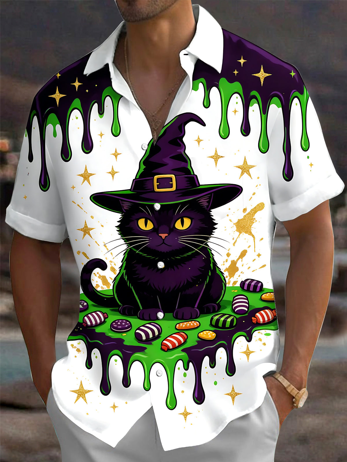 Adaychic Men's Short Sleeve Shirt - Halloween Black Cat With Witch Hat And Candy Print with Chest Pocket