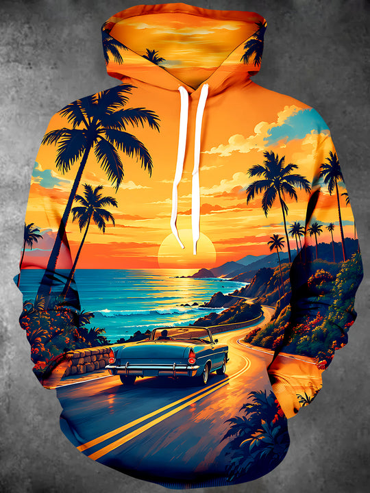 Adaychic Men's Long Sleeve Hoodie - Tropical Sunset Coastal Road With Palm Trees And Classic Convertible Car Print