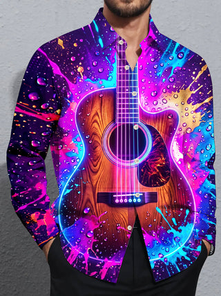 Adaychic Men's Long Sleeve Shirt - Acoustic Guitar With Neon Splash And Water Droplets Print with Chest Pocket