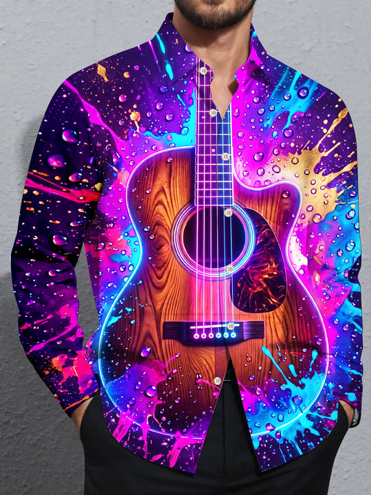 Adaychic Men's Long Sleeve Shirt - Acoustic Guitar With Neon Splash And Water Droplets Print with Chest Pocket