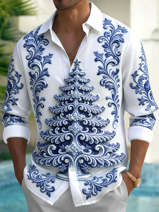 Adaychic Men's Long Sleeve Shirt - Christmas Tree With Baroque Floral Patterns Print with Chest Pocket