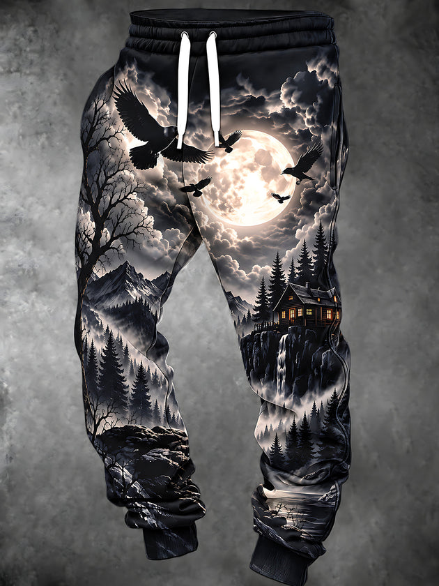Adaychic Men's Full Moon Night Landscape With Birds And Cabin Print Pants
