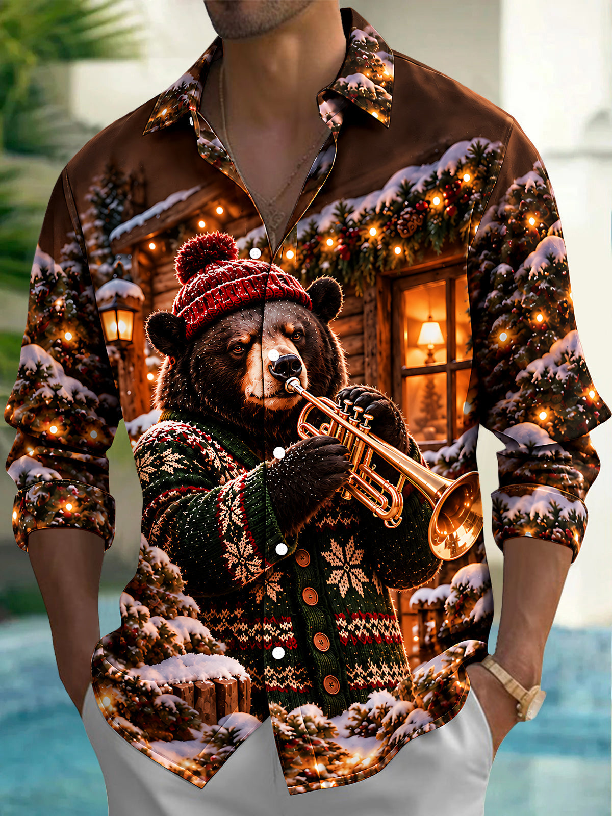Adaychic Men's Long Sleeve Shirt - Christmas Brown Bear Playing Trumpet In Winter Scene Print with Chest Pocket