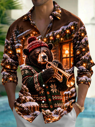 Adaychic Men's Long Sleeve Shirt - Christmas Brown Bear Playing Trumpet In Winter Scene Print with Chest Pocket