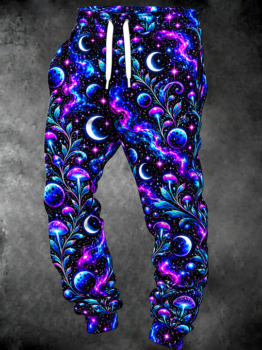 Adaychic Men's Printed Neon Mushrooms And Crescent Moons Print Pants