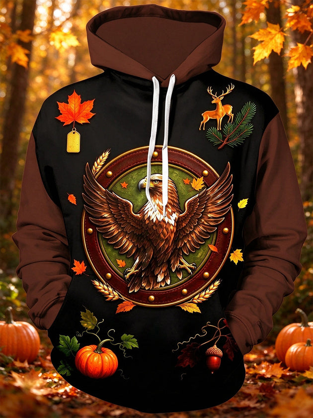 Adaychic Men's Long Sleeve Pullover Hoodie - Autumn Eagle Badge With Fall Leaves Print with Kangaroo Pocket