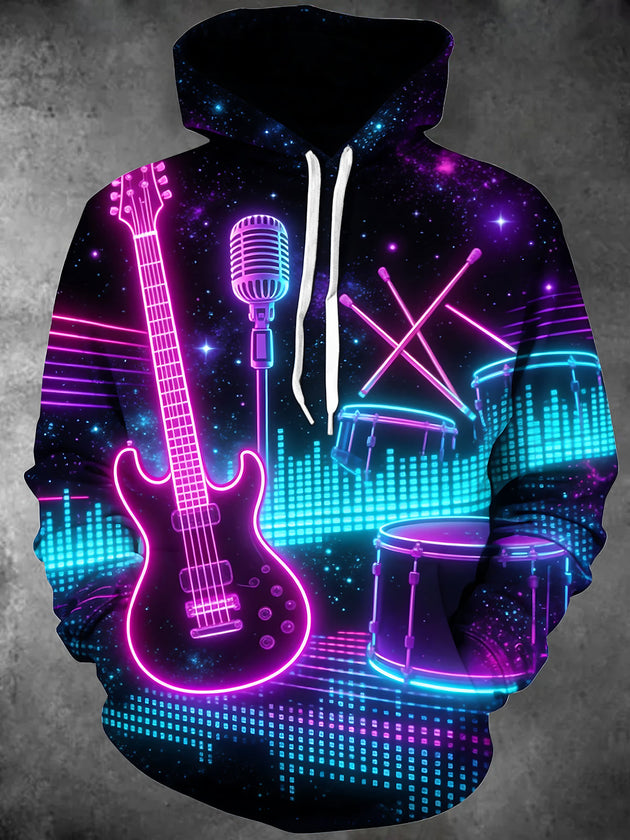 Adaychic Men's Graphic Neon Musical Instruments Print Long Sleeve Hoodie