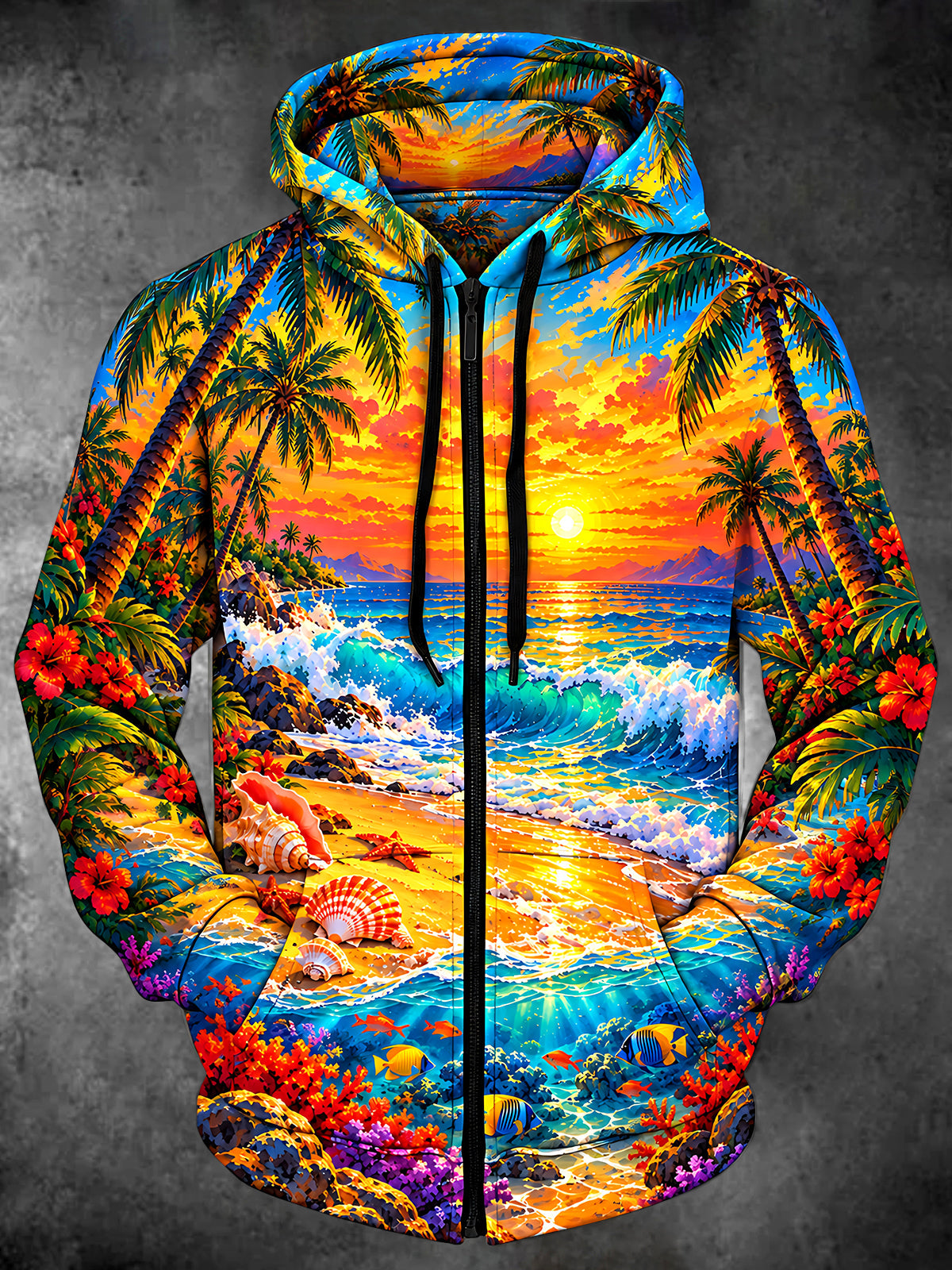 Adaychic Men's Long Sleeve Zip-Up Hoodie - Tropical Beach Sunset With Palm Trees And Hibiscus Print
