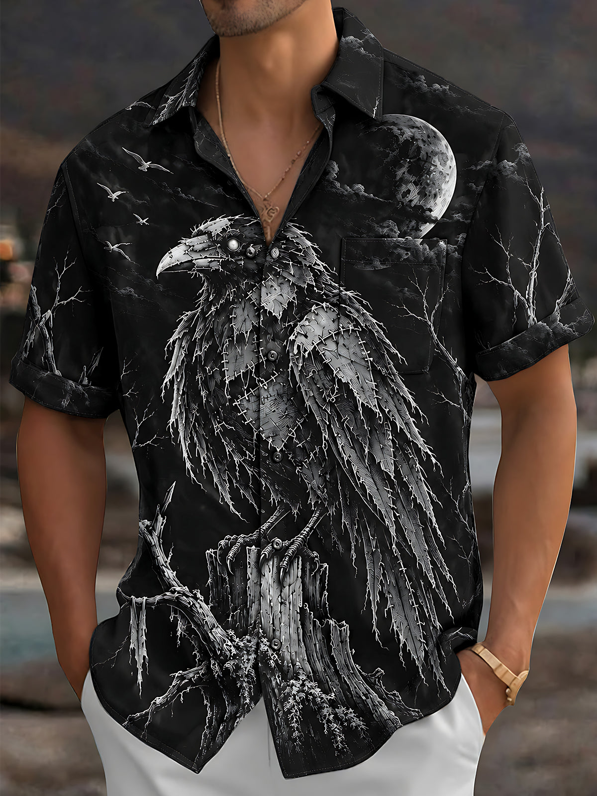 Adaychic Men's Graphic Halloween Crow And Moon Print Short Sleeve Shirt with Chest Pocket