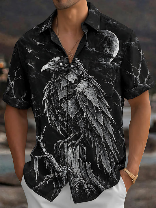 Adaychic Men's Graphic Halloween Crow And Moon Print Short Sleeve Shirt with Chest Pocket