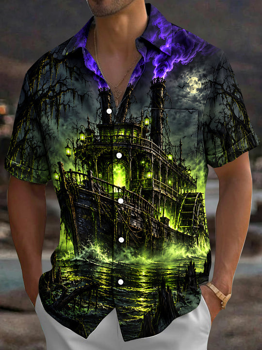 Adaychic Men's Short Sleeve Shirt - Halloween Ghostly Steamboat With Green Fog And Purple Smoke Print with Chest Pocket