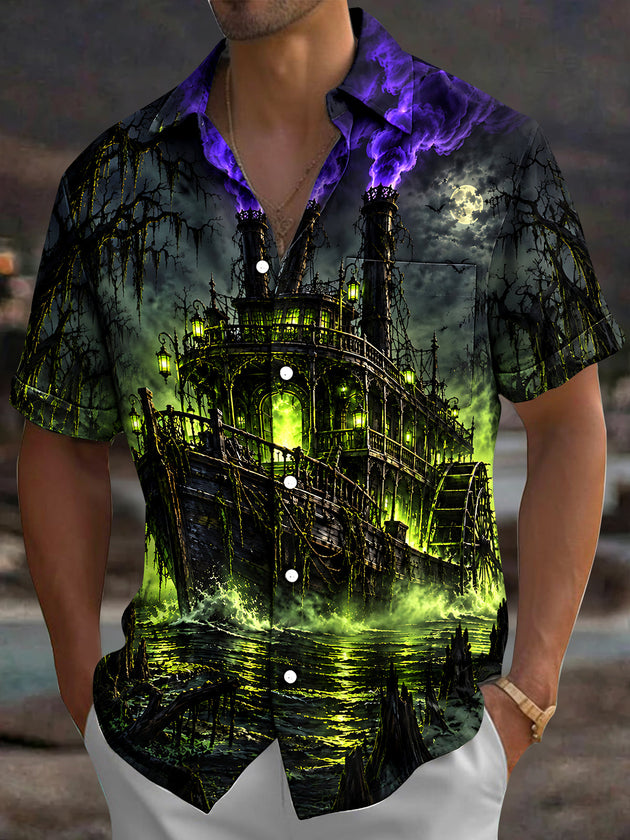 Adaychic Men's Short Sleeve Shirt - Halloween Ghostly Steamboat With Green Fog And Purple Smoke Print with Chest Pocket