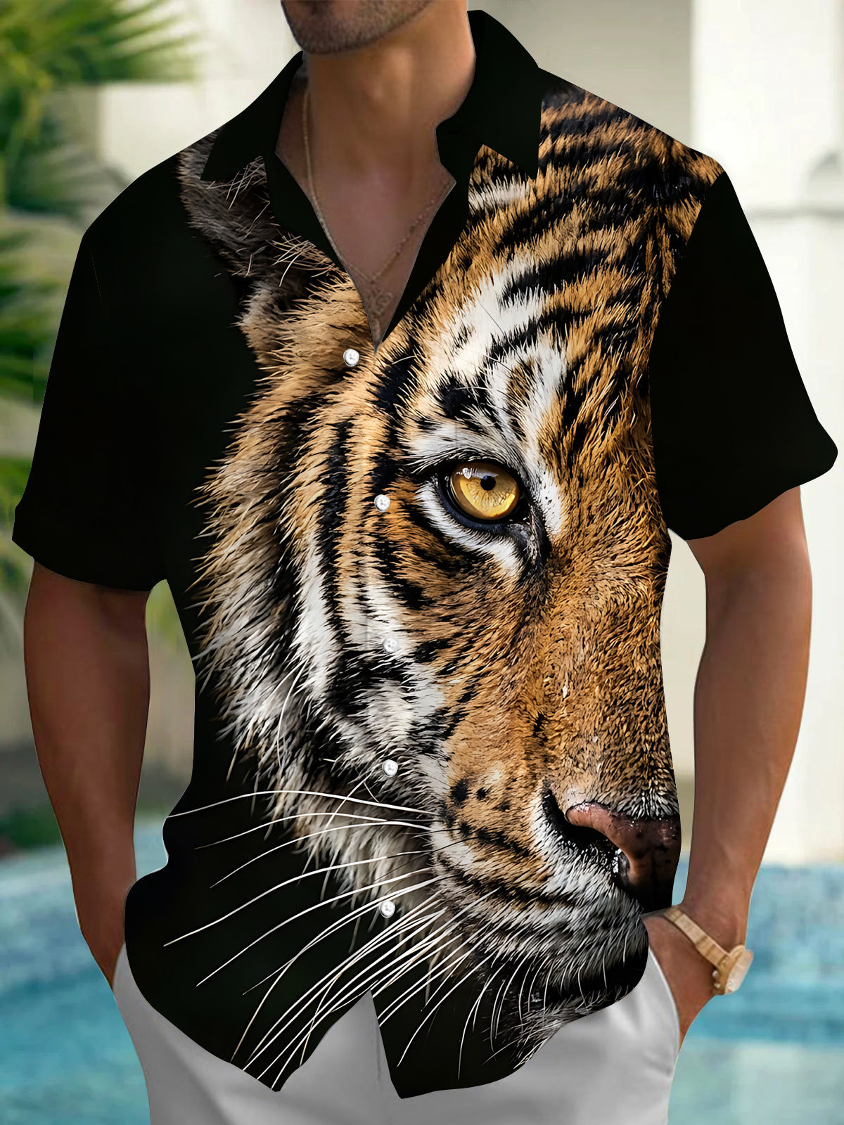Adaychic Men's Hawaiian Tiger Face Print Short Sleeve Shirt with Chest Pocket