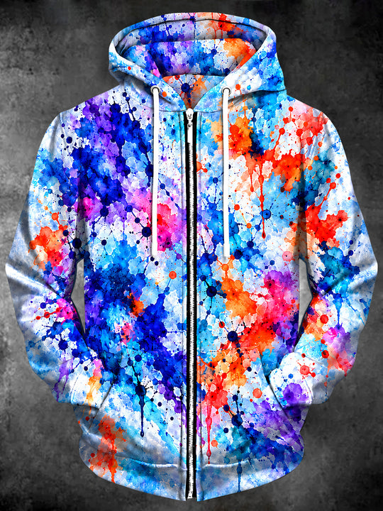 Adaychic Men's Abstract Tie Dye Paint Splatter Print Long Sleeve Zip-Up Hoodie with Kangaroo Pocket