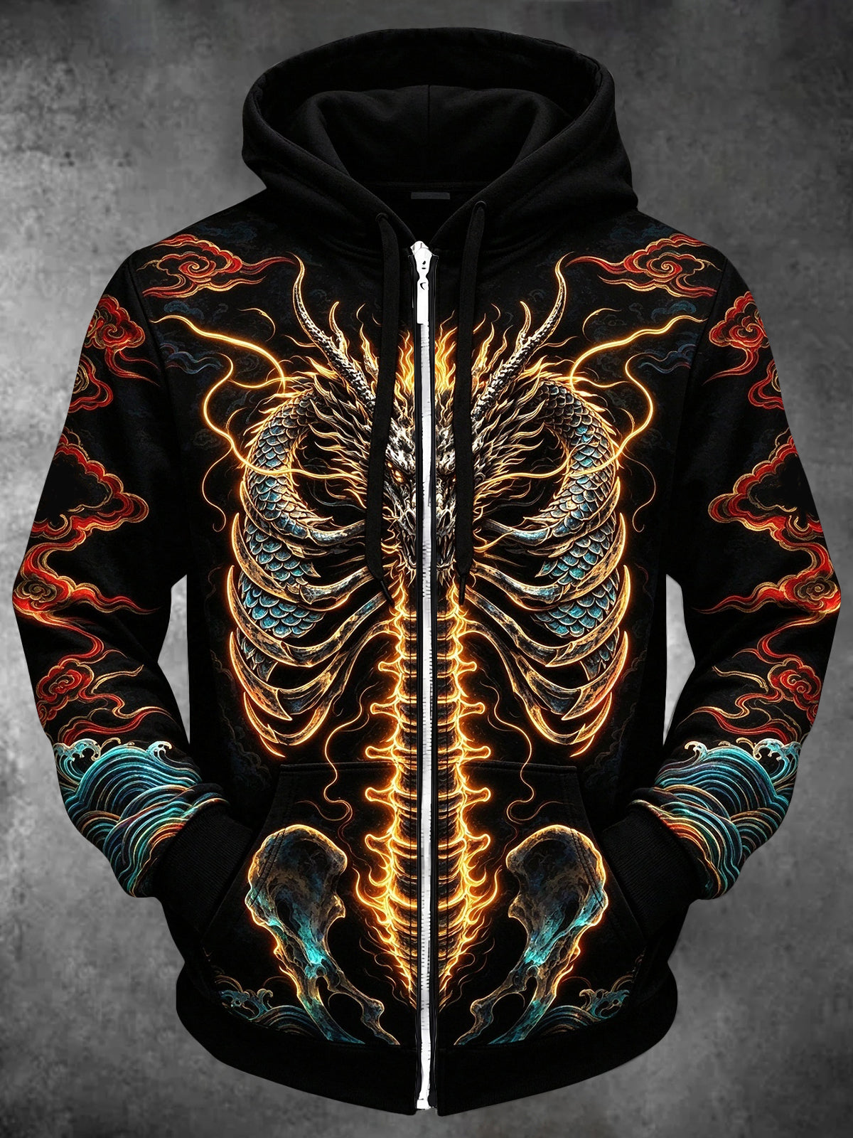 Adaychic Men's Long Sleeve Zip-Up Hoodie - Dragon Skeleton With Glowing Spine And Ribs Print