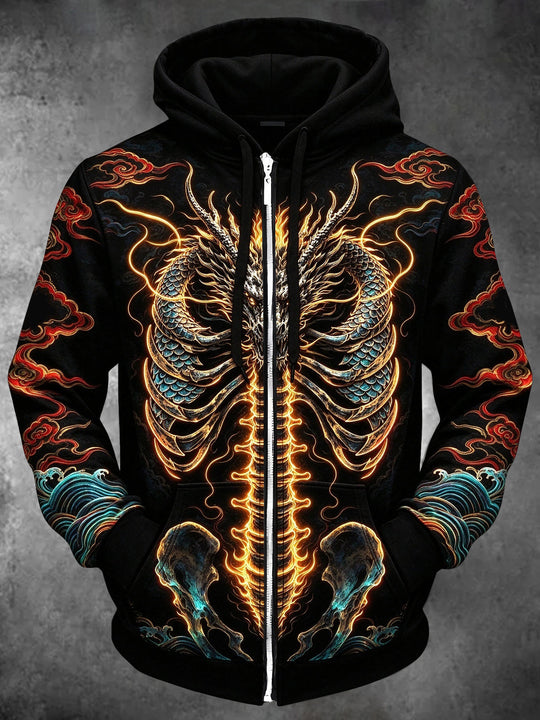 Adaychic Men's Long Sleeve Zip-Up Hoodie - Dragon Skeleton With Glowing Spine And Ribs Print
