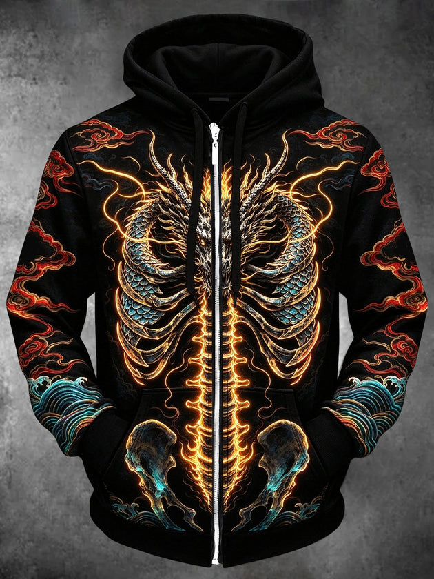 Adaychic Men's Long Sleeve Zip-Up Hoodie - Dragon Skeleton With Glowing Spine And Ribs Print