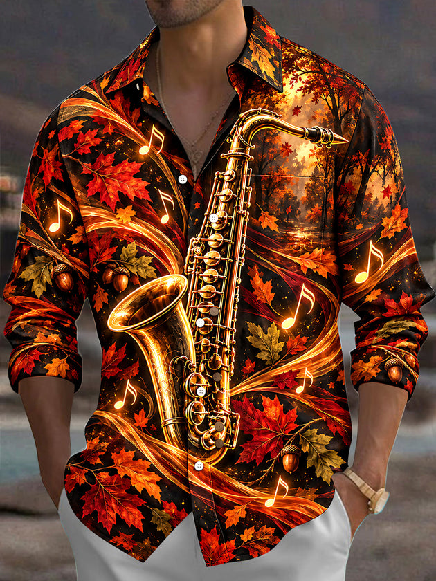 Adaychic Men's Saxophone And Autumn Leaves Print Long Sleeve Shirt with Chest Pocket