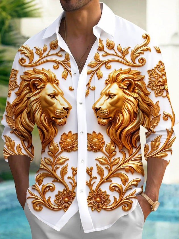 Adaychic Men's Golden Lions And Floral Baroque Patterns Print Long Sleeve Shirt with Chest Pocket