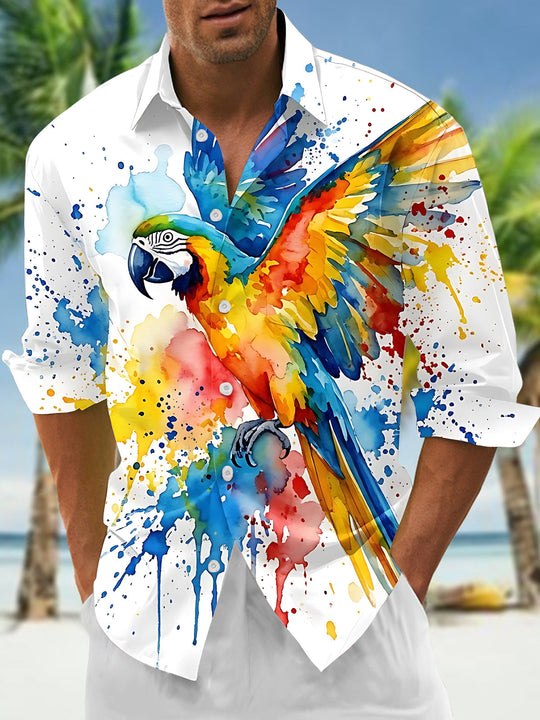 Adaychic Men's Short Sleeve Shirt - Watercolor Macaw Parrot With Splatter Paint Print with Chest Pocket