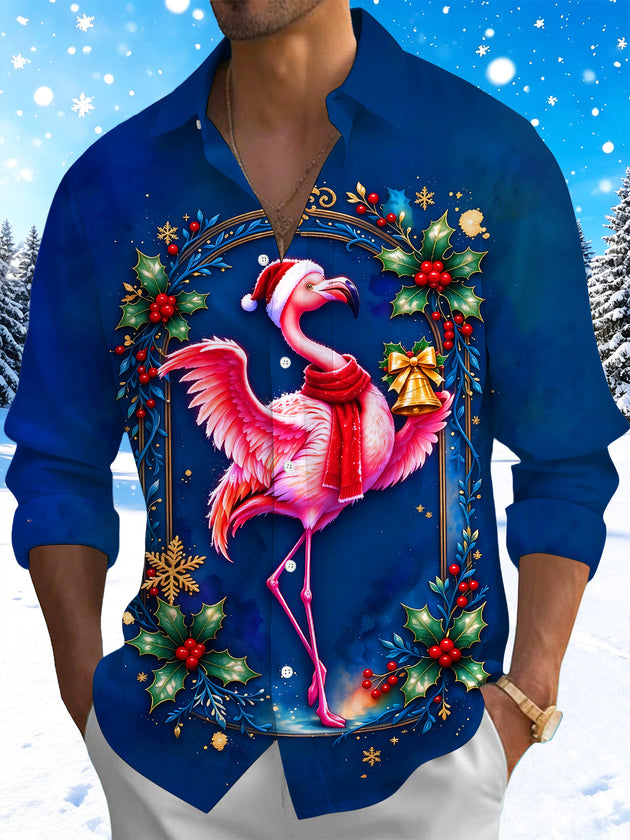 Adaychic Men's Long Sleeve Shirt - Christmas Flamingo With Santa Hat And Scarf Print with Chest Pocket