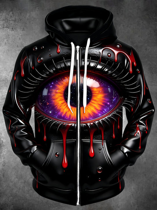 Adaychic Men's Galaxy Eye With Blood Drips Print Long Sleeve Zip-Up Hoodie