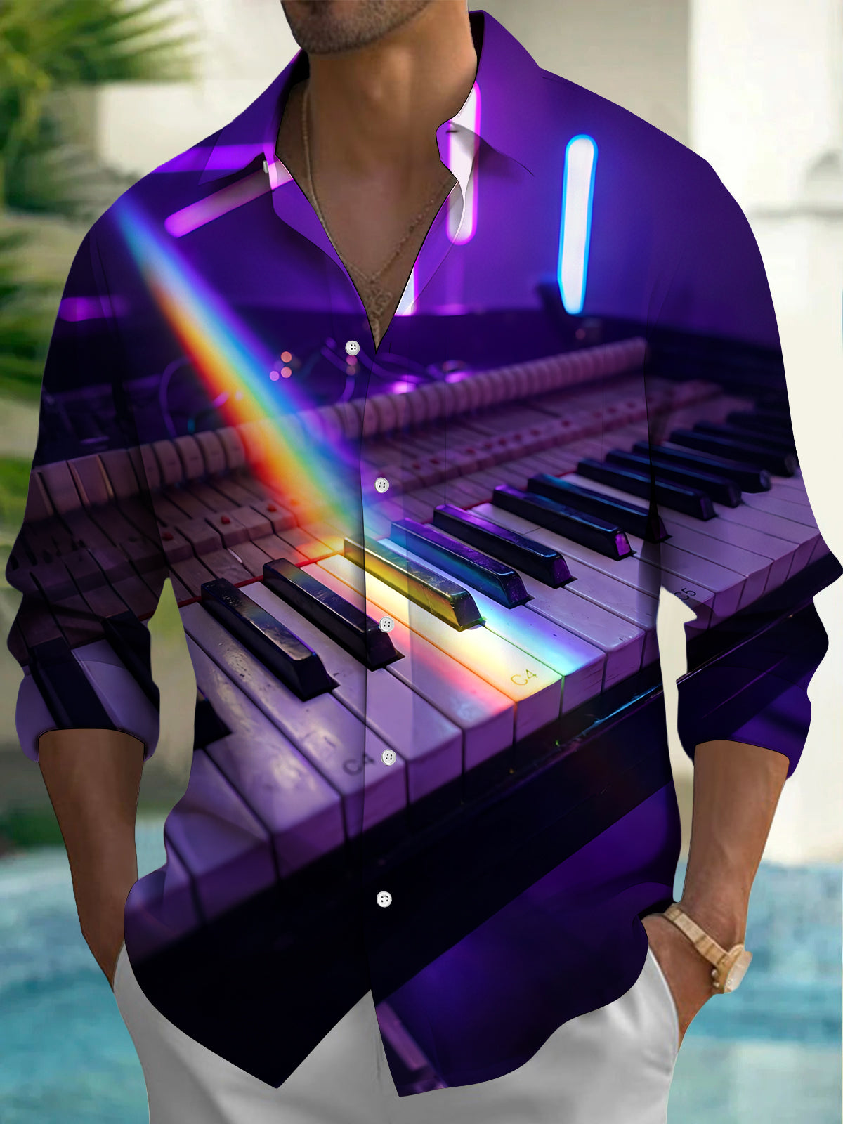 Adaychic Men's Long Sleeve Shirt - Neon Piano Keyboard With Rainbow Light Beam Print with Chest Pocket