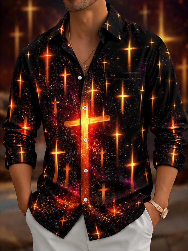 Adaychic Men's Long Sleeve Shirt - Glowing Golden Crosses On Cosmic Background Print with Chest Pocket
