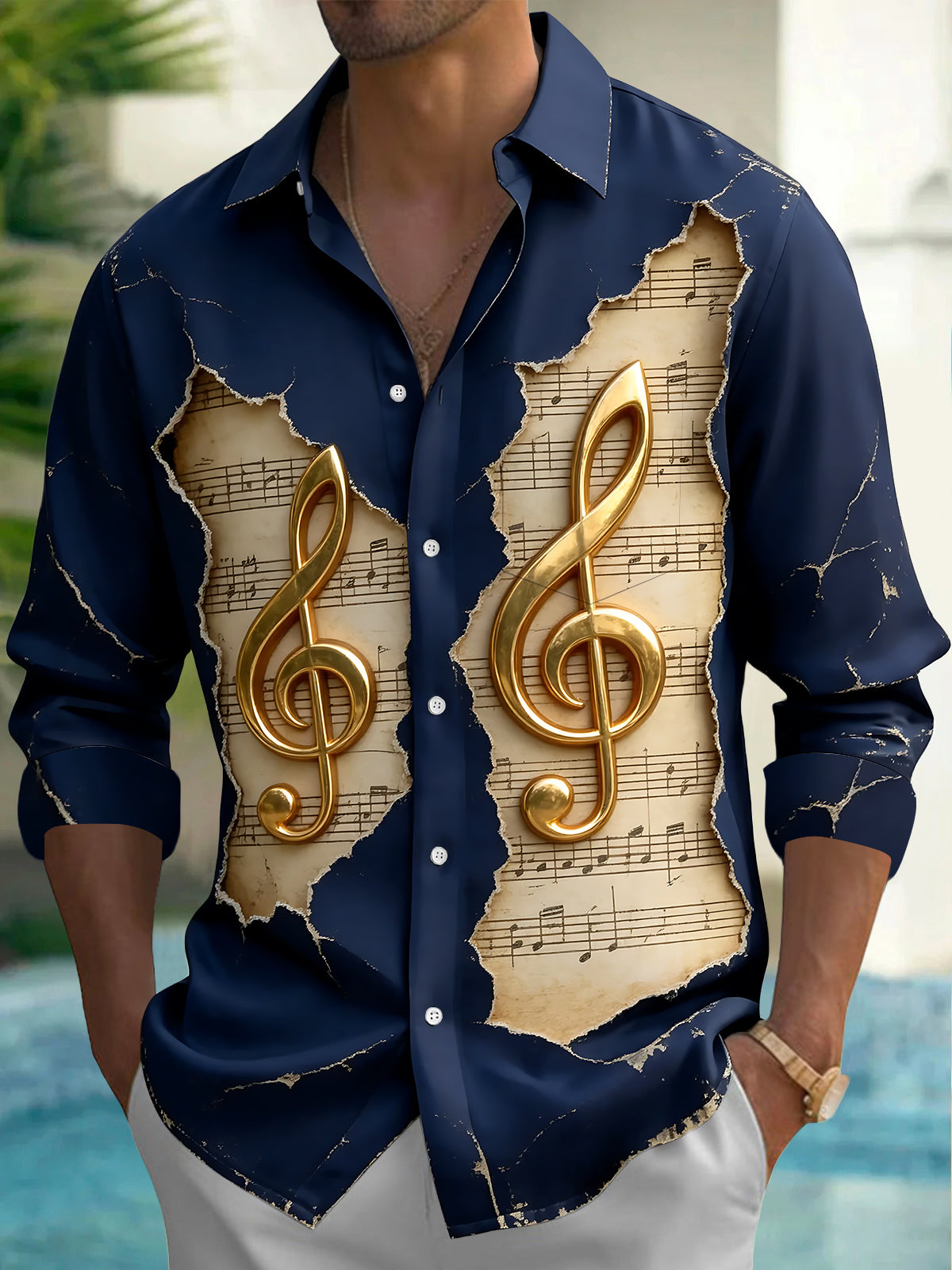 Adaychic Men's Long Sleeve Shirt - Vintage Sheet Music And Golden Treble Clefs Print with Chest Pocket