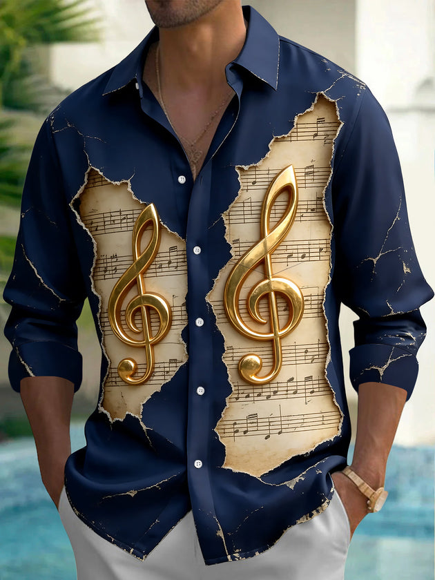 Adaychic Men's Long Sleeve Shirt - Vintage Sheet Music And Golden Treble Clefs Print with Chest Pocket