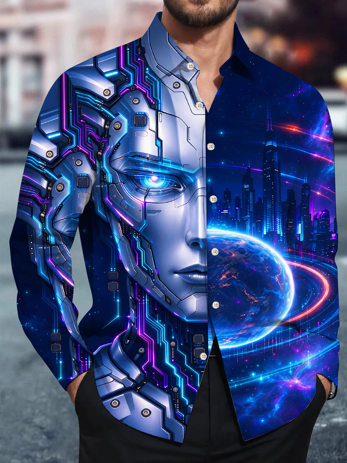 Adaychic Men's Long Sleeve Shirt - Cyber Robot Face And Futuristic Cityscape Print with Chest Pocket