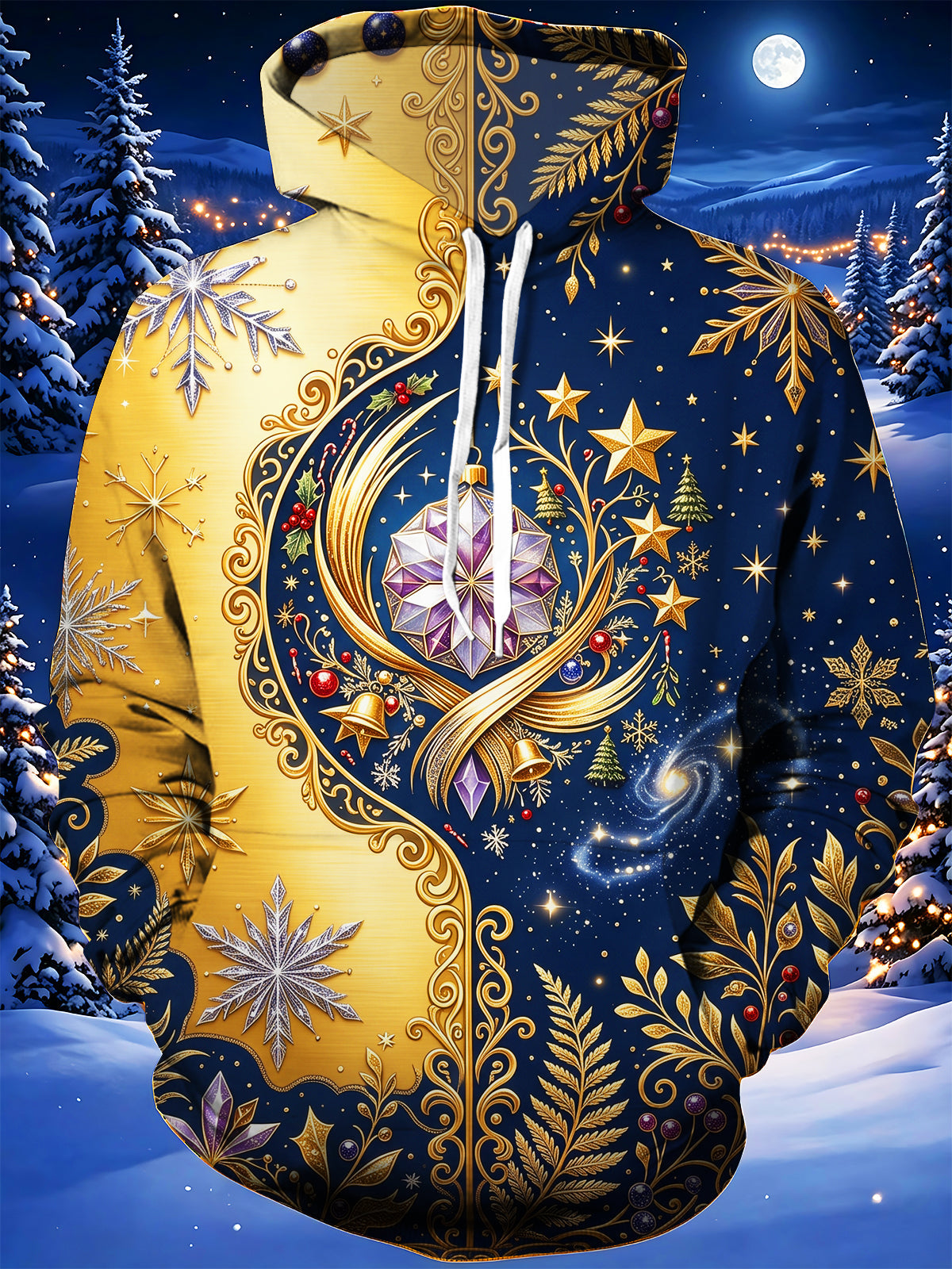 Adaychic Men's Christmas Ornaments And Snowflakes Print Long Sleeve Hoodie