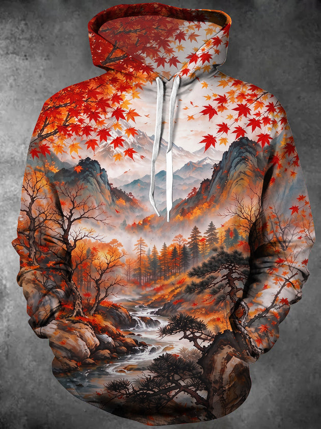 Adaychic Men's Long Sleeve Hoodie - Autumn Mountain Landscape With Red Maple Leaves Print