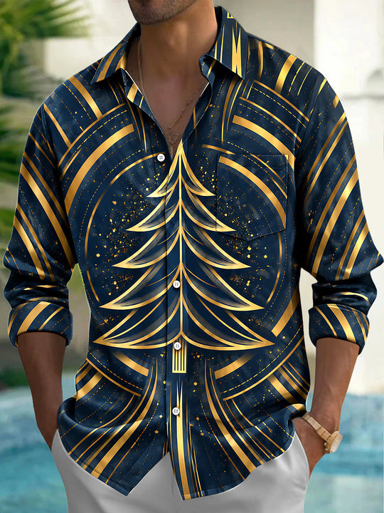 Adaychic Men's Christmas Tree And Geometric Lines Print Long Sleeve Shirt with Chest Pocket
