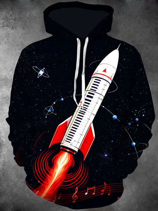 Adaychic Men's Long Sleeve Hoodie - Piano Keyboard Rocket With Musical Notes Print