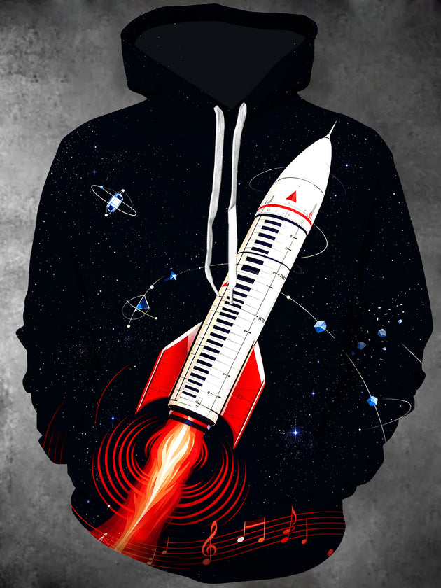 Adaychic Men's Long Sleeve Hoodie - Piano Keyboard Rocket With Musical Notes Print