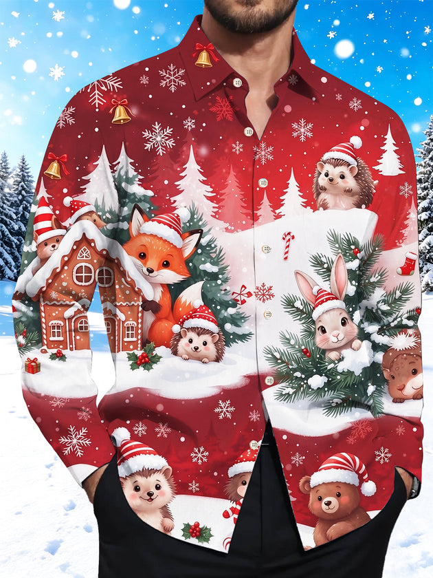 Adaychic Men's Long Sleeve Shirt - Cute Animals In Snowy Forest With Gingerbread House Print with Chest Pocket