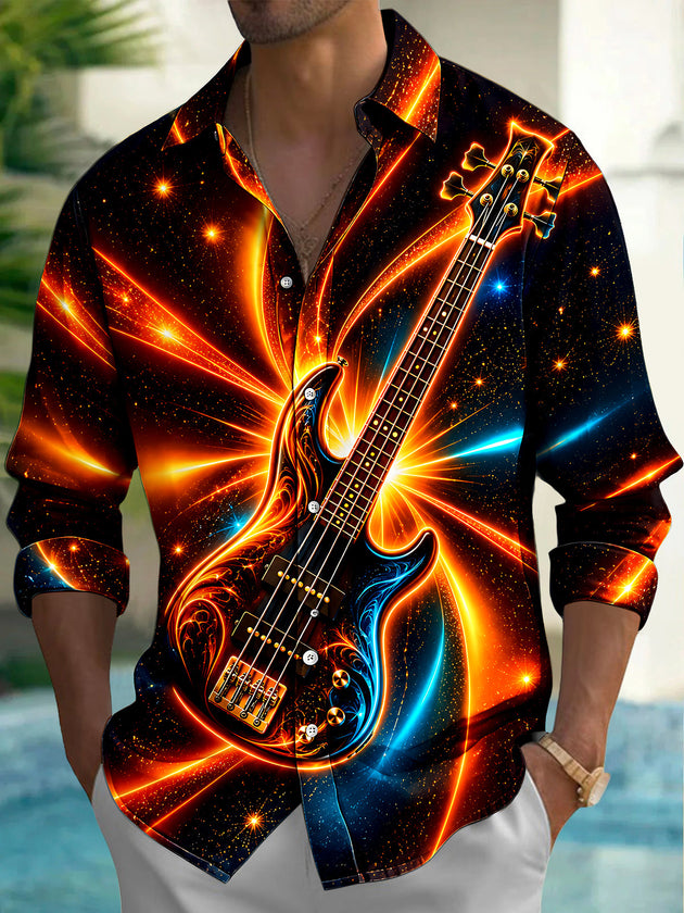 Adaychic Men's Neon Bass Guitar With Cosmic Background Print Long Sleeve Shirt with Chest Pocket
