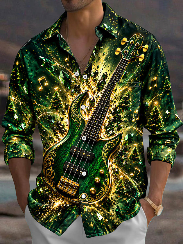 Adaychic Men's Printed Bass Guitar And Christmas Trees Print Long Sleeve Shirt with Chest Pocket
