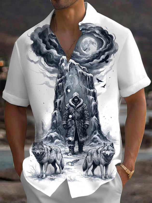 Adaychic Men's Lone Man With Wolves And Full Moon Print Short Sleeve Shirt with Chest Pocket