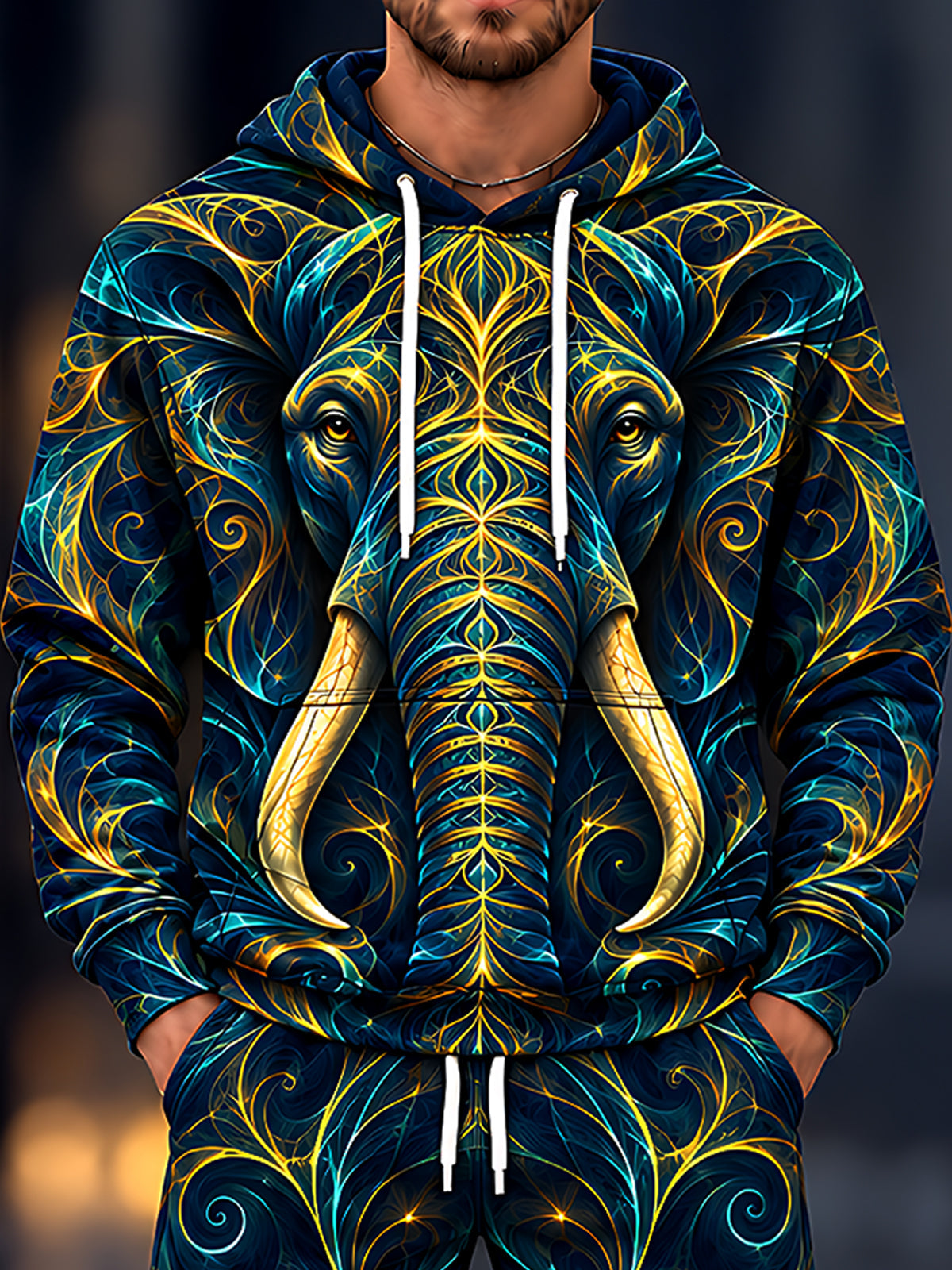 Adaychic Men's Graphic Elephant With Fractal Patterns Print Long Sleeve Hoodie