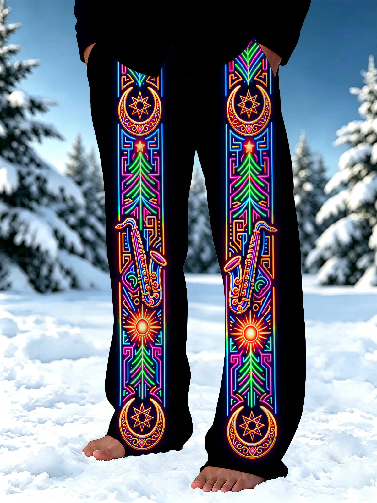 Adaychic Men's Graphic Neon Christmas Trees And Saxophones Print Pants