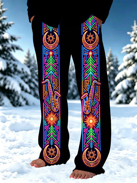 Adaychic Men's Graphic Neon Christmas Trees And Saxophones Print Pants