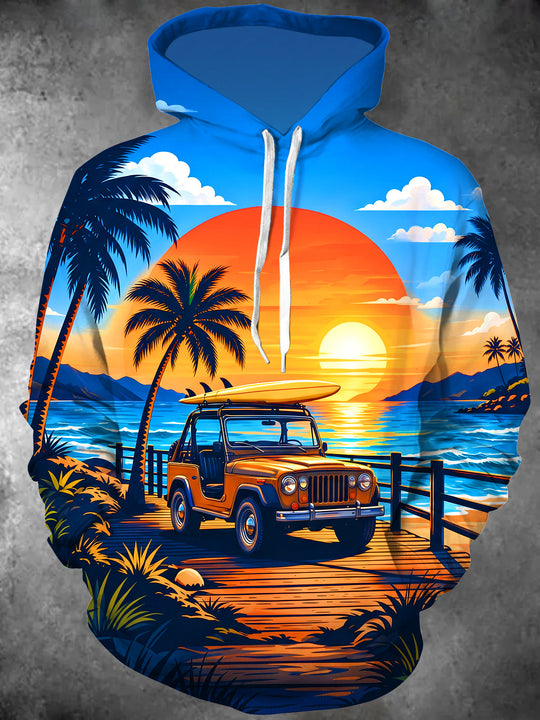 Adaychic Men's Long Sleeve Pullover Hoodie - Vintage Off-road Vehicle And Palm Trees At Sunset Print with Kangaroo Pocket