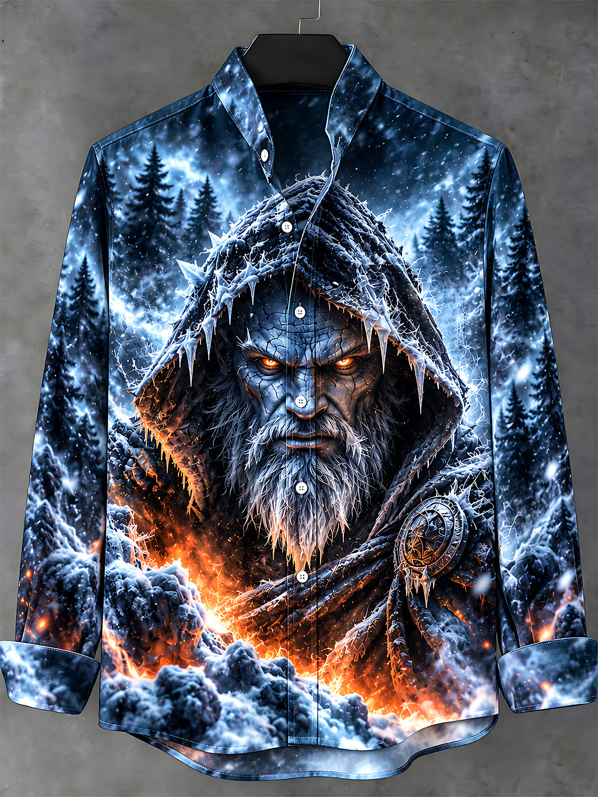 Adaychic Men's Long Sleeve Stand Collar Shirt - Frost Giant With Ice Hood And Glowing Orange Eyes Print
