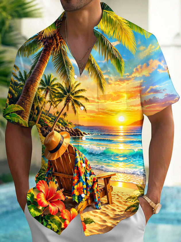 Adaychic Men's Short Sleeve Shirt - Beach Sunset Scenery With Palm Trees And Hibiscus Flowers Print with Chest Pocket
