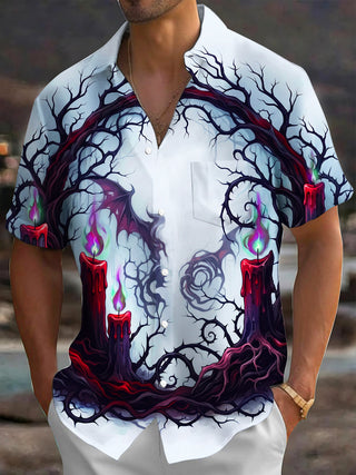 Adaychic Men's Gothic Dead Trees And Red Candles Print Short Sleeve Shirt with Chest Pocket